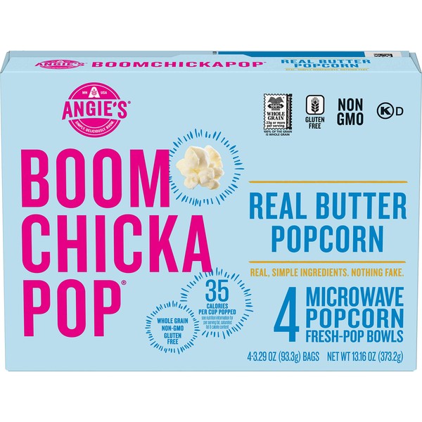 Angie's BOOMCHICKAPOP Real Butter Microwave Popcorn, (4) 3.29 Ounce Fresh-Pop Bowls