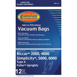 EnviroCare Replacement Micro Filtration Vacuum Cleaner Dust Bags made to fit Riccar 2000, 4000 and Vibrance Series. Simplicity 5000, 6000 and Symmetry Type A 12 pack
