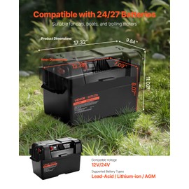 VEVOR Battery Box, Group 24-27 Trolling Motor Battery Box, 12V/24V Marine Batteries Case with PP Shell and Dual Straps, Smart Batteries Case, Suitable for Trolling Motor, Marine,RV & Solar Panel