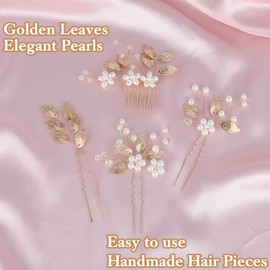 4Pcs Bridal Wedding Hair Pins, Bridal Hair Accessories Set, Gold Leaf Crystal Pearl Hairr Pins Flower Headpiece Wedding Hairr Pieces for Brides(Gold)