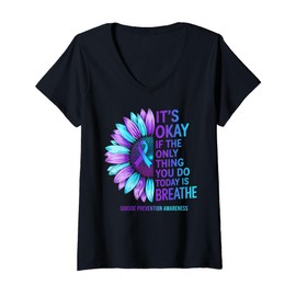 Womens Suicide Prevention Awareness Sunflower Purple Teal Ribbon V-Neck T-Shirt