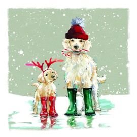 GBCC Ling Design Box of 20 Artistic Charity Christmas Cards - 'Golden Retrievers' - Dog & Puppy Wearing Wellies - From The Great British Card Company, Multicoloured, 124 x 124mm