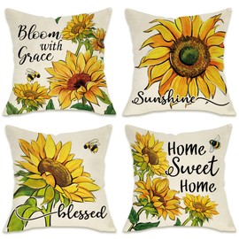 Fahrendom Sunflower Sunshine Decorative Throw Pillow Cover 20 x 20 Set of 4, Spring Summer Home Sweet Home Blessed Porch Patio Outdoor Pillowcase, Fall Autumn Flower Farmhouse Couch Cushion Case Decor