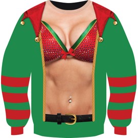 Blue Planet Fancy Dress Womens Christmas Jumper Green Elf Design (Large) 3D Funny Bikini Novelty Xmas Sweater for Women Ladies Adults - Hilarious, Ugly Christmas Sweatshirt Couples