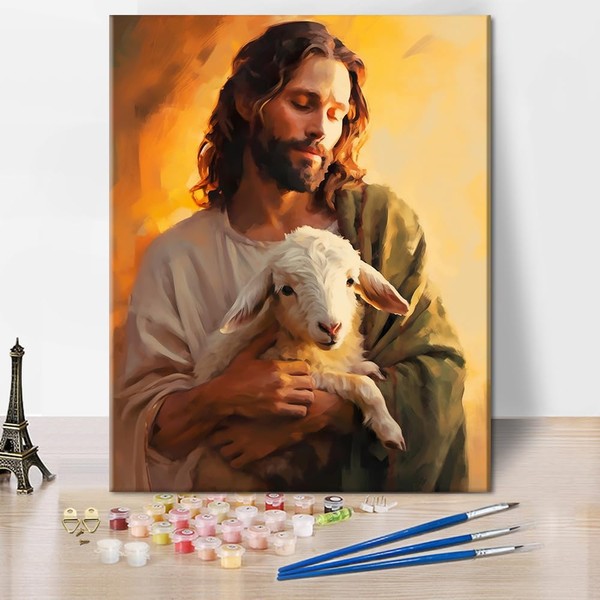 TISHIRON Jesus Painting by Numbers Adult Canvas, Sheep Painting by