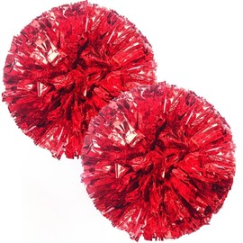 2 Pack Metallic Cheerleading Pom Poms Shining Metallic Foil Fluffy Cheerleader Pompoms Handheld Cheerleader Pompoms with Finger Ring for Sports Party Dance Cheering (Red)