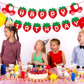TSJ Strawberry Happy Birthday Banner Baby Shower Bunting Garland Berry Themed Birthday Decorations