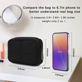 JINSI Small Makeup Bag for Purse, Quilted Travel Cosmetic Bag, Zipper Cosmetic Pouch Organizer Toiletry Bag, Make Up Bags for Women Girls, Black