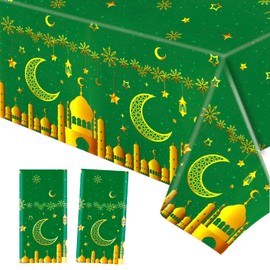 HOWAF 2 Eid Ramadan Table Cloth Party Tablecloth, Eid Mubarak Table Cloth Ramadan Table Cloth Ramadan Mubarak Tablecloth Waterproof PVC for Ramadan Decorations Eid Decorations, Green