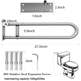 28 Inch Toilet Grab Bar Flip Up Aluminum Handicap Rails Grab Bars Load Capacity of 100 kg 220 lbs Toilet Rail Bathroom U Shaped and Wall Mount Safety for Pregnant Injured Patients 28 in Silver