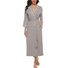Sopesil Women's Thin Dressing Gown Long Robes Lightweight Nightwear Robes Luxury Soft V-Neck Kimono Sleepwear Loungewear A-Grey,M