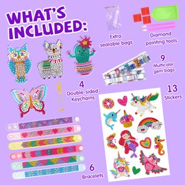 Diamond Art Kits for Kids Including 6 Diamond Painting Bracelets, 4 Diamond Art Keychains and Colorful gem Stickers, Fun Gem Painting Kits, Perfect Crafts Kits for Girls Aged 4-12