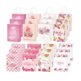FULJOOY 48PCS Happy Mother's Day Gift Bags Thick with Handle Pink Floral Paper Goodie Bag Assorted Designs Bulk for Party Decorations Gifts Wrapping Supplies Mothers Theme Party Favors Treat Gift Wrap