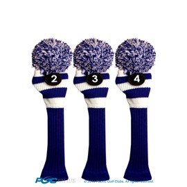 Majek #2, 3, 4 Hybrid Combo Pack Rescue Utility Blue & White Golf Headcover Knit Pom Pom Retro Classic Vintage Head Cover