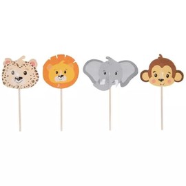 Generic Jungle Animal Cupcake Toppers, 24 Pieces - 6 ea Gray Elephant, Orange Lion, Brown Monkey, Tan Leopard, Gray/Orange/Brown/Tan