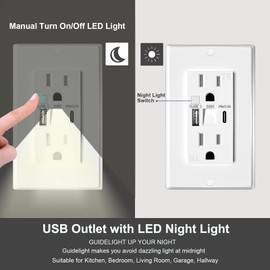 FOURHARVEST Wall Outlet with Night Lights，Outlet Lights 15 Amp Wall Outlet with USB Ports,USB Outlet Wall Plate with led Night Lights with Type A & Type-C USB in-Wall Charger,White (4)