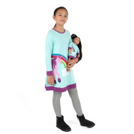 Leveret Matching Girls & Doll Cotton Dress Aqua Unicorn 8 Year