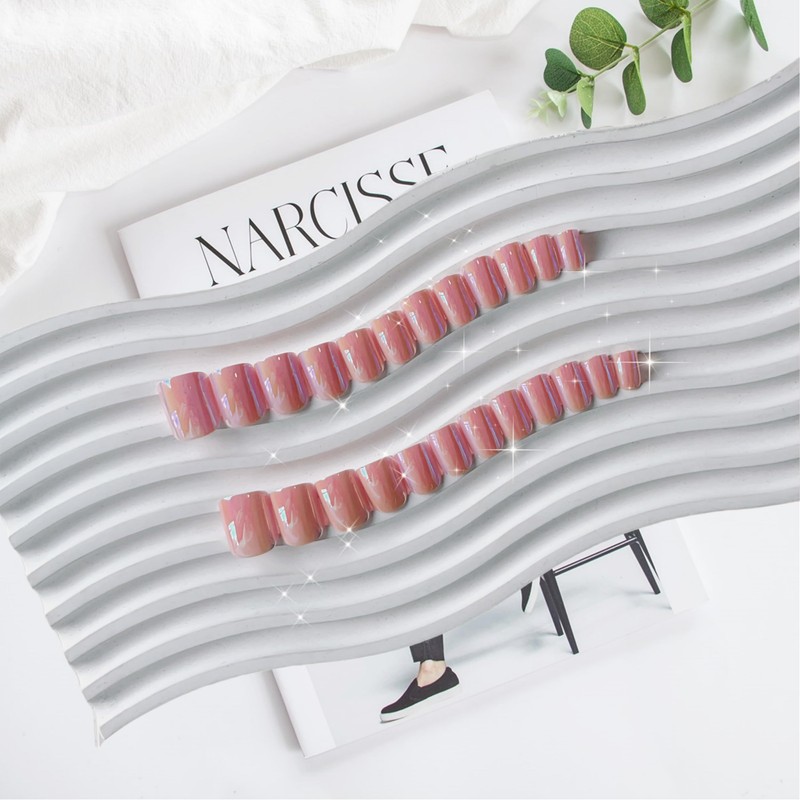 Glazed Pink Chrome SXVME Aurora Nails 24PCS Short Square Press