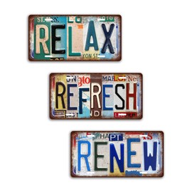 3 Pces Vintage Bathroom License Plate Refresh Relax Renew Wall Decor Metal Tin Sign 12 x 6 Inches