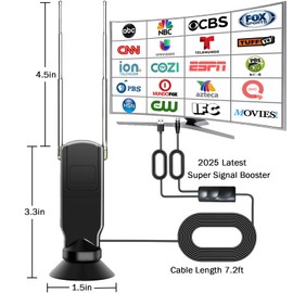 TV Antenna Indoor, Antenna for Smart TV, 360° Omni Directional Reception Digital HD Antenna Without Cable, Support 4K/8K/1080p for Free Local Channels, with Super Signal Booster, 1 PCS (Black, 3.3IN)