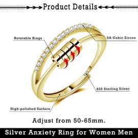 Zolkamery Silver Anxiety Rings, 925 Sterling Silver Anxiety Fidget Ring, Gold Anxiety Ring for Women, Adjustable Open Silver Worry Beads Rings, Silver Stress Rings Relaxing Jewellery Gifts for Men