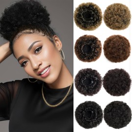Luxiremi Ponytail Extension, Afro Puff Hair Bun Hair Extension with Drawstring, Elastic Band, Dark Brown, Medium, Short, Curly Ponytail Hairpiece for Women