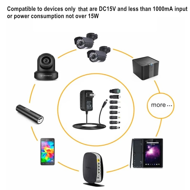GuanTing 15V 1A AC Power Adapter with 8 DC Plug