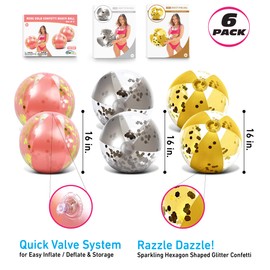 Mozlly Bundle of Confetti Inflatable Beach Balls Set of 6 - Premium Color 2pc Each Rose Gold, Gold and Silver, Size 16 Inch, Cool Glitter Pool Floats Toy for Beach - 6 Pack