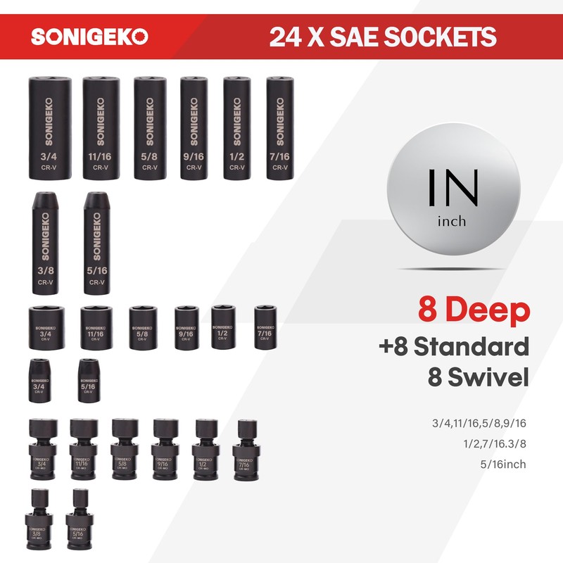 SONIGEKO Socket Set 3/8" Impact Socket Set,67-Piece Metric and Sae