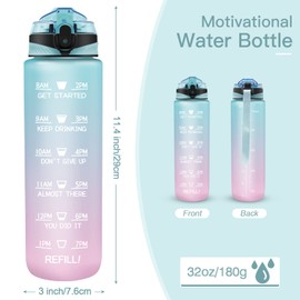 Wolepaz 1L Water Bottle with Straw, 1 Litre Motivational Sport Water Bottle with Time Maker, Leakproof BPA-free Drink Bottle for Outdoor, Fitness, Cycling, Gym, School & Office (Green Pink)