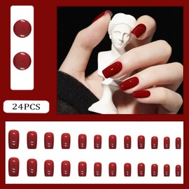 RUPOFUZA Red Press on Nails Medium,Nails Press on Solid Colour Square Fake/False Nails with Press ons Designs Acrylic Press on Nails Gloss Artificial Nails Stick on Nails for Women 24pcs