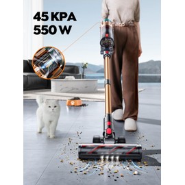 Cordless Vacuum Cleaner, 550W 45KPA 60 Mins Runtime Self-Standing Vacuum Cleaners for Home, Stick Vacuum with Charging Dock Station Removable Battery, Handheld Vacuum for Pet Hair/Carpet/Floor