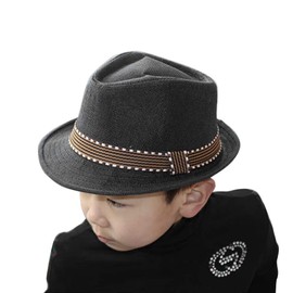 Qchomee Kids Summer Panama Hat Fedora Trilby Straw Sun Hat Beach Hat Cowboy for Children Boys Rollable Packable Straw-Fedora Hat Sun Protection Hat Gangster Cap 50-53CM Black
