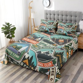 Pamnest Queen Size Bed Sheet Sets, Colorful Summer Camp Soft Microfiber 4 Pcs Bedding Sets for Kids and Adults Bedroom Bed Decor, Rv Camping Bear Flat, Fitted Sheet and 2 Pillowcases