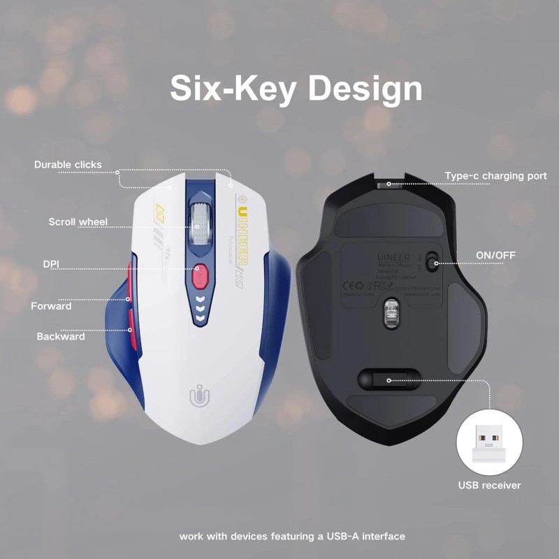 UINEER Premium Wireless Gaming Mouse, 6-button 2.4GHz Rechargeable (BLUE/WHITE)