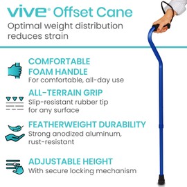 Vive Offset Walking Cane with Comfort-Foam Handle - for Women, Men, Seniors - Lightweight & Adjustable Single Point Walking Stick with a Non-Slip Tip for Stability, Balance, & Support (Blue)