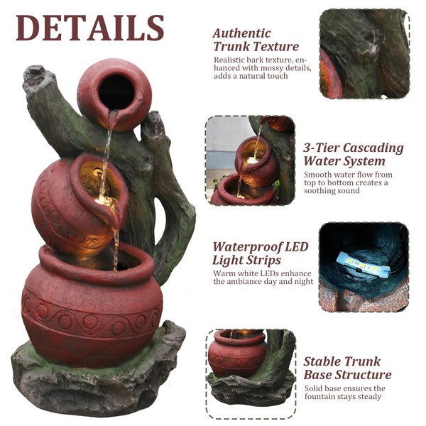 Outdoor Water Fountain Cascading Tiered Urn Rainforest Tree Trunk Rustic
