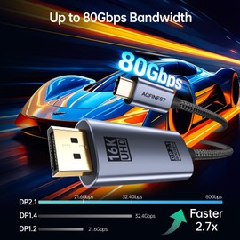 6.6 FT Nylon Braided 4K@240Hz USB-C to DisplayPort 2.1 Cable, 80Gbps UHBR20