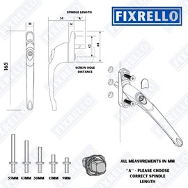 Fixrello 1 x PVC Window Handles for uPVC Windows White w/White Button - uPVC Window Handle for uPVC Windows and Double Glazing - espag Window Lock Function - Multi-Spindle and Universal