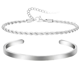 MOTIBACK Sterling Silver Mens Bracelets - 2pcs Set, 925 Silver Chain Bracelet for Men, Cuban Figaro Curb Link, 19/21cm, Mens Jewellery Gifts for Dad, Boyfriend, Husband, Son (Chain + Bracelet)