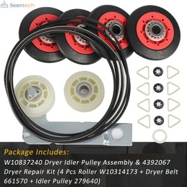 4392067 Dryer Repair Kit & W10837240 Dryer Idler by Seentech, Includes WPW10314173 Drum Rollermm,661570V Belt, 279640 Idler Pulley – Replaces 2015 4392067VP 80047 587637