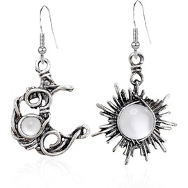 Vintage Opal Sun and Moon Drop Dangle Earrings Moonstone Natural Stone Hook for Women Girls Asymmetrical Antiqued Celestial Jewelry (White, One size)