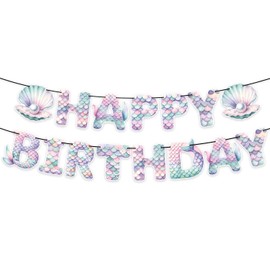 Mermaid Happy Birthday Banner – No DIY - Ocean Theme Party Supplies Under the Sea Decorations for Girls and Boys – Blue Mermaid Garland, Hanging Photo Backdrop for Indoor Outdoor Use