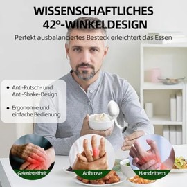 4-Piece Parkinson Cutlery Left-Handed Stainless Steel with Fabric Bag, 42° Angle Adaptive Cutlery Set, Handle Thickening Cutlery, 85 g Weight, Eating Aids for Hand Tremors, Arthritis and Disabled