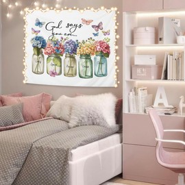 YTRGI God Says You Are Christian Tapestry Wall Hanging, Hydrangea Floral Butterfly Religious Bible Verse Inspirational Wall Tapestry Blanket for Home Office Church Prayer Room Decoration, 50x60 Inch