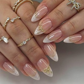 24PCS False Nails Almond - White Pearl French Tip False Nails with Golden Line Bow Design - Press on Nails Short in 12 Sizes - Full Cover Ballerina Acrylic Nails with Nail File & Nail Sticky Tabs