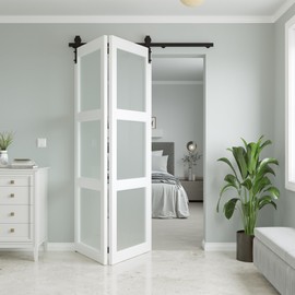 COSHOMER 3.0FT Bi-Folding Sliding Barn Door Hardware Kit,36'' Heavy Duty Bifold Barn Door Track Kit,Assembly Easy,Black Roller Smoothly Quietly,Fit Double 16'' Doors (Not Door)