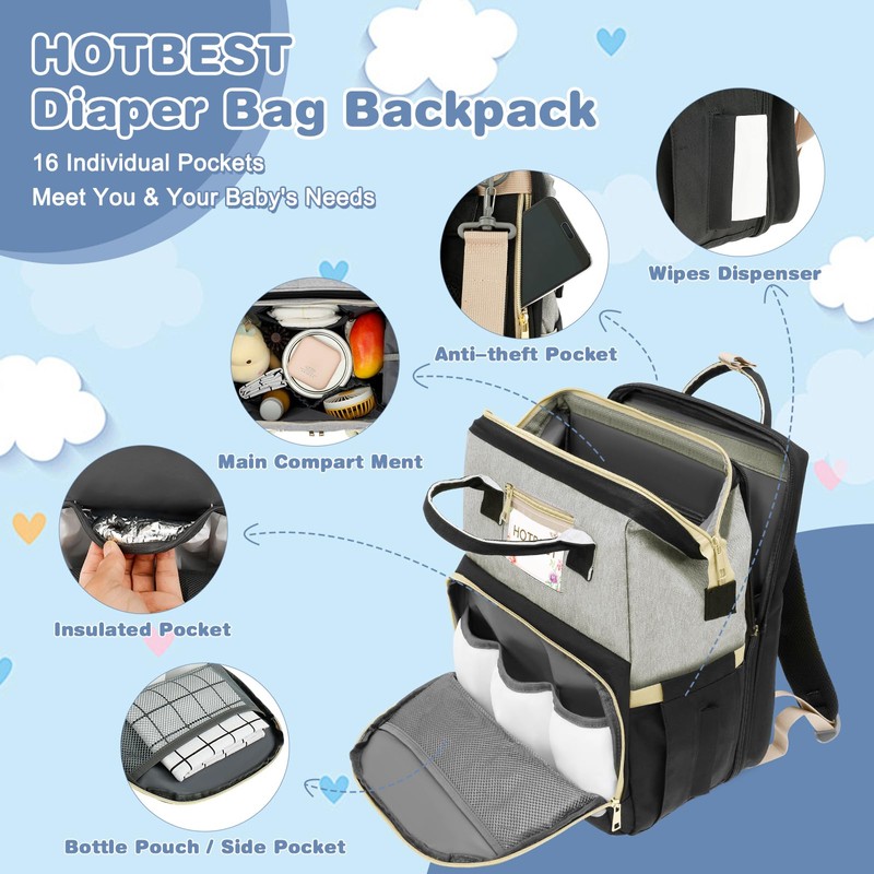 HOTBEST Unisex Baby Diaper Bag Backpack, Black & Grey, Large