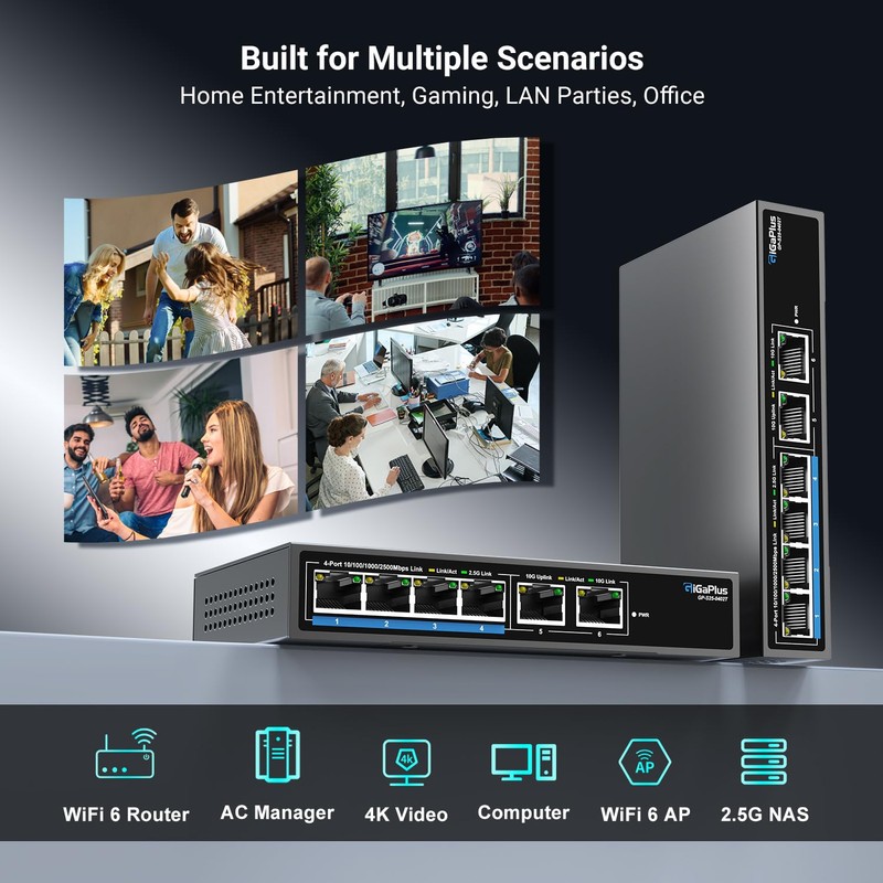6 Ports 10Gb Unmanaged Ethernet Switch with 4*2.5G Base-T Ports,