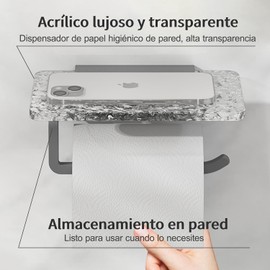 Porta Rollos Papel de Baño, sin Taladrar, Soporte Papel de Baño con Bandeja de Almacenamianto, Organizador Papel de Baño Acrílico, Efecto Ondulado (Gris)